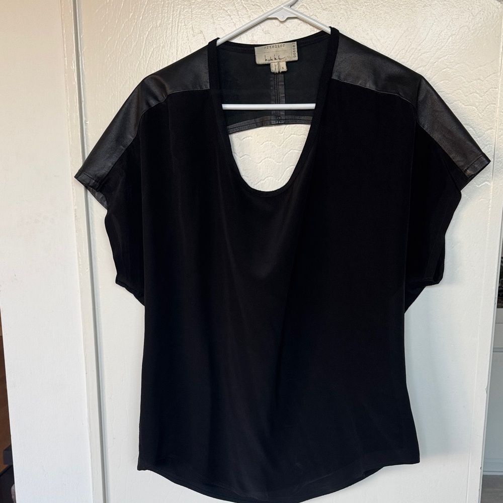 Nicole Miller Black Silk Top with Leather Accents